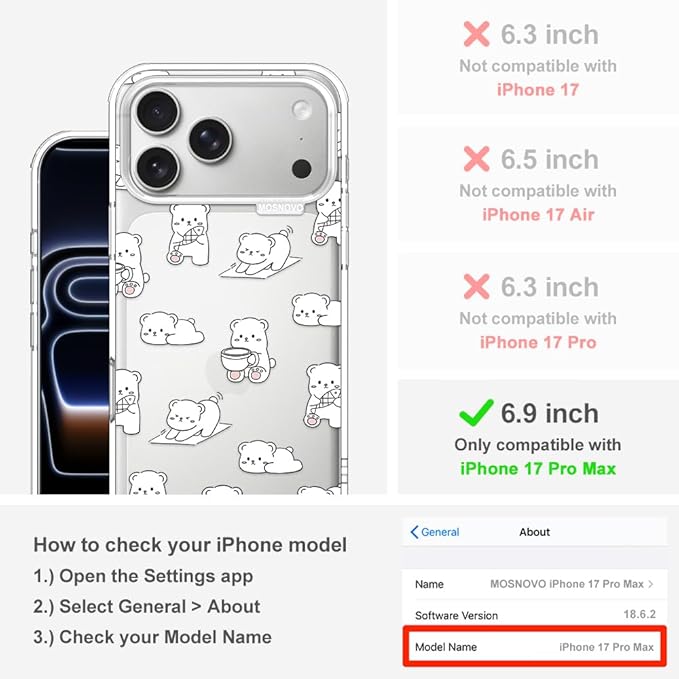 MOSNOVO for iPhone 17 Pro Max Case, Shockproof Military-Grade Protection 6.6ft Drop Tested, Camera Control, Clear Phone Case for iPhone 17 Pro Max, Cozy Bear Days Design
