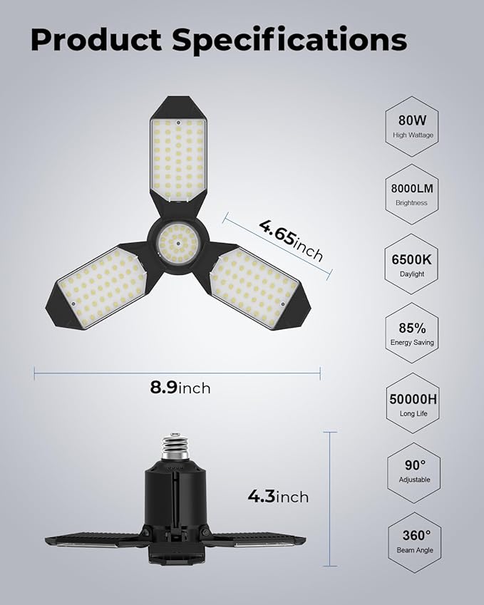 toberich LED Garage Light Bulbs 6 Pack, 8000LM Shop Lights with 3+1 Deformable Panels, 6500K Screw in Ceiling Lights for Garage, Workshop, Workbench, Basement