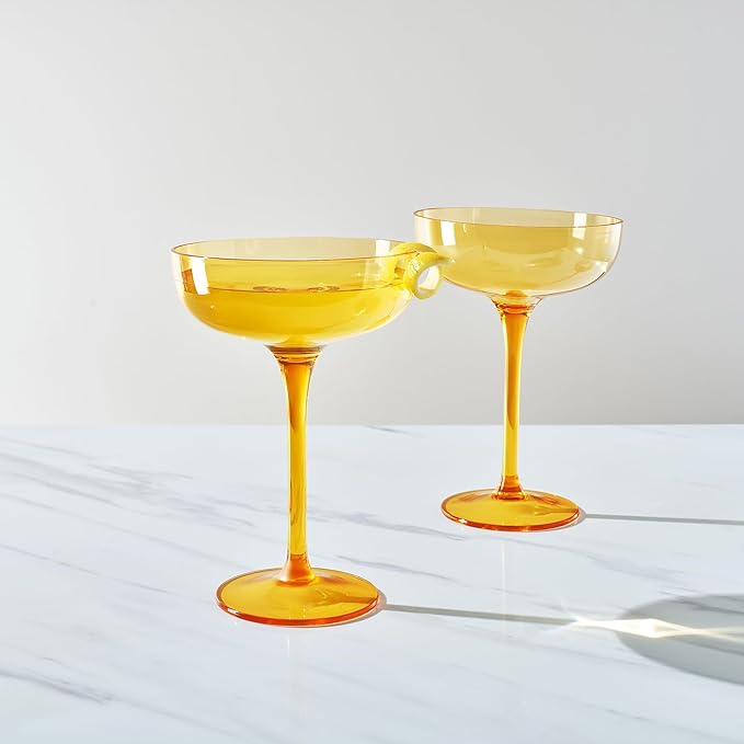 Acrylic Shatterproof Martini, Margarita, Champagne & Cocktail Unbreakable Glasses | Set of 2 | Large Plastic Coupe Glasses 15oz, Tritan Drinkware, BPA-free, Reusable, Pool, Indoor & Outdoor (Yellow)