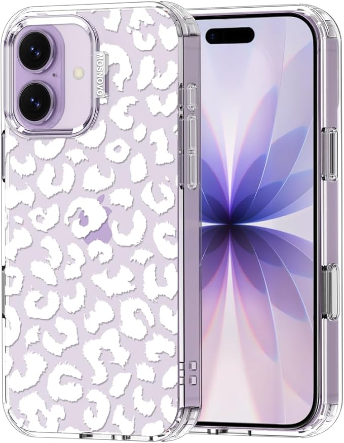 MOSNOVO for iPhone 17 Case | Military Grade 6.6ft Drop Tested | Camera Control | Clear with White Leopard Print Design