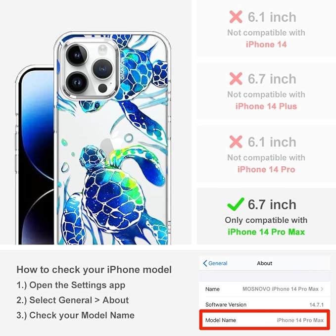 MOSNOVO Case for iPhone 14 Pro Max, [Buffertech 6.6ft Military-Grade Drop Protection] [Anti Peel Off Tech] Clear TPU Bumper Phone Case Cover Design - Sea Turtles