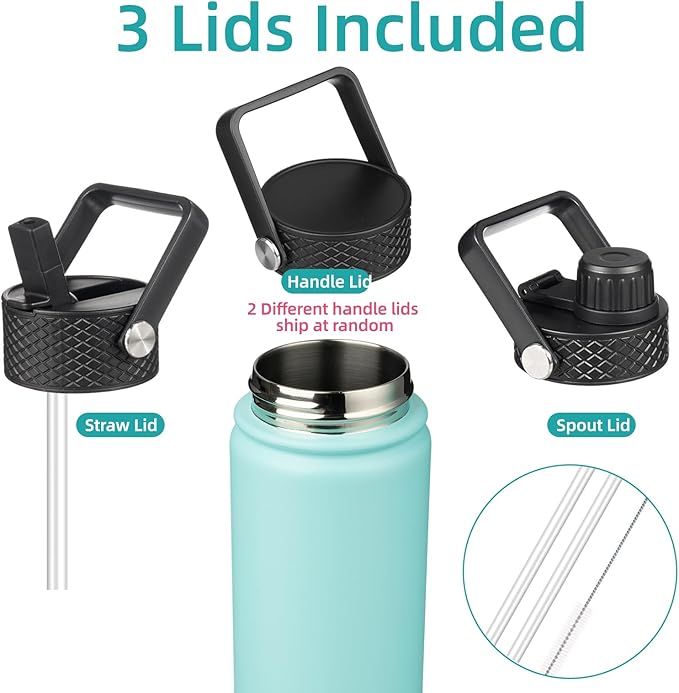 Konokyo 22oz Stainless Steel Bottles with 3 Lids Sport Insulated Water Bottle,Turquoise