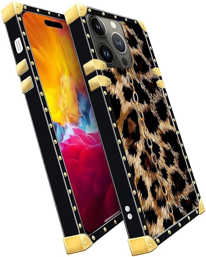 Compatible with iPhone 15 Pro Max Case, Seamless Gold Chain Leopard Luxury Golden Decoration for Girl Women Soft TPU Shockproof Protective Hard PC Back for iPhone 15 Pro Max