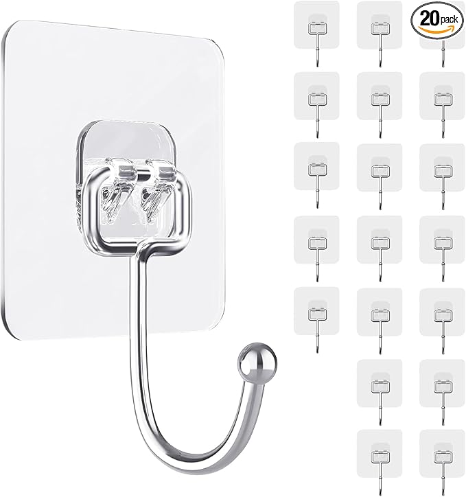 20 PCS Heavy Duty Adhesive Hooks, 33 lb Load - Bearing, Waterproof & Reusable, Ideal for Kitchen, Bathroom, Office & Home Organization
