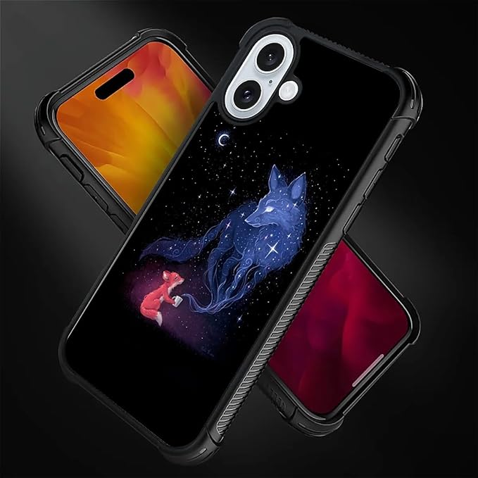 for iPhone 16 Plus Case, Galaxy Fox Wolf Pattern Graphic Design Girl Boy Soft Silicone Hard Acrylic Shock Protection for iPhone 16 Plus