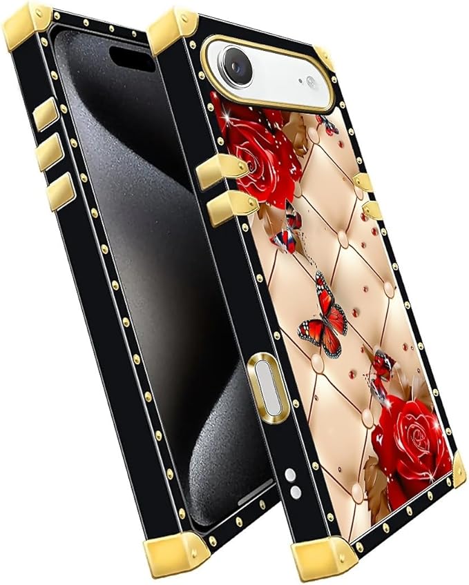 for iPhone 17 Air Case Luxury Golden Decoration for Girl Women Soft TPU Shockproof Protective Hard PC Back for iPhone 17 Air Crazy Pattern Shining Red Rose Butterfly Leather Background