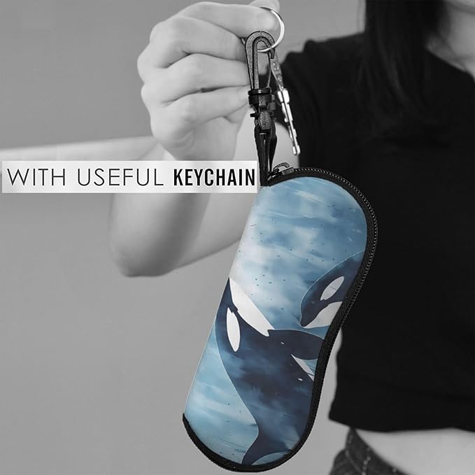 Watercolor Orca Whale Glasses Case Neoprene Portable Zipper Eyeglass Bag With Hook