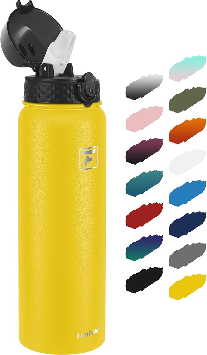 Fanhaw 32 oz Insulated Stainless Steel Water Bottle with Straw Lid, Leakproof Sports Bottle for Men, Women & Teens (Yellow)