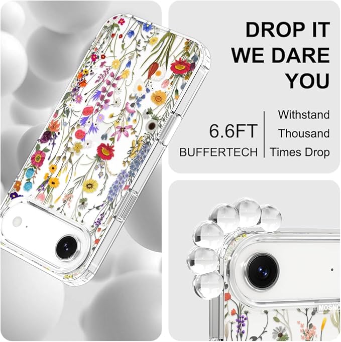 MOSNOVO for iPhone Air Case | Military Grade 6.6ft Drop Tested | Camera Control | Clear with Wildflower Meadow Design