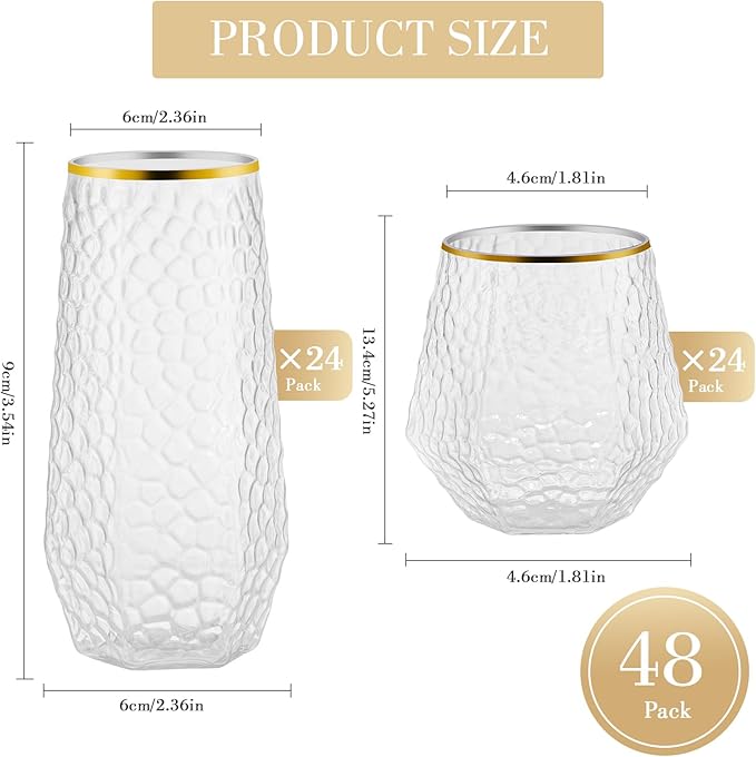 48 Pack Plastic Wine Glasses – 24 x 9oz Stemless Champagne Flutes & 24 x 12oz Disposable Wine Glasses – Elegant Disposable Plastic Cups with Gold Rim – BPA-Free Drinkware for Weddings, Parties-Spiral