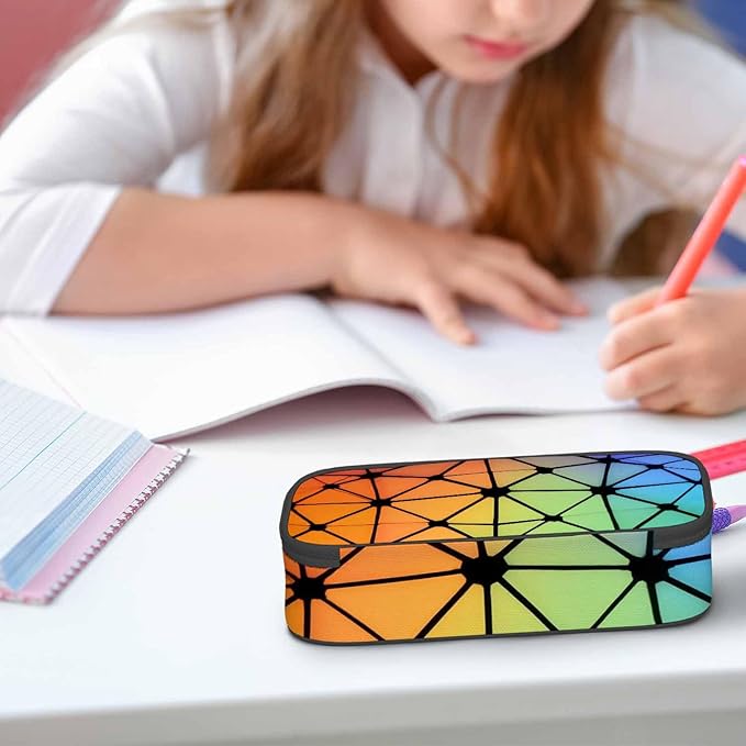 Abstract Lines Pencil Case Organizer Geometric Triangles Fluorescent Neon Stationery Box Makeup Box School Supply for Boy Girl Men Women