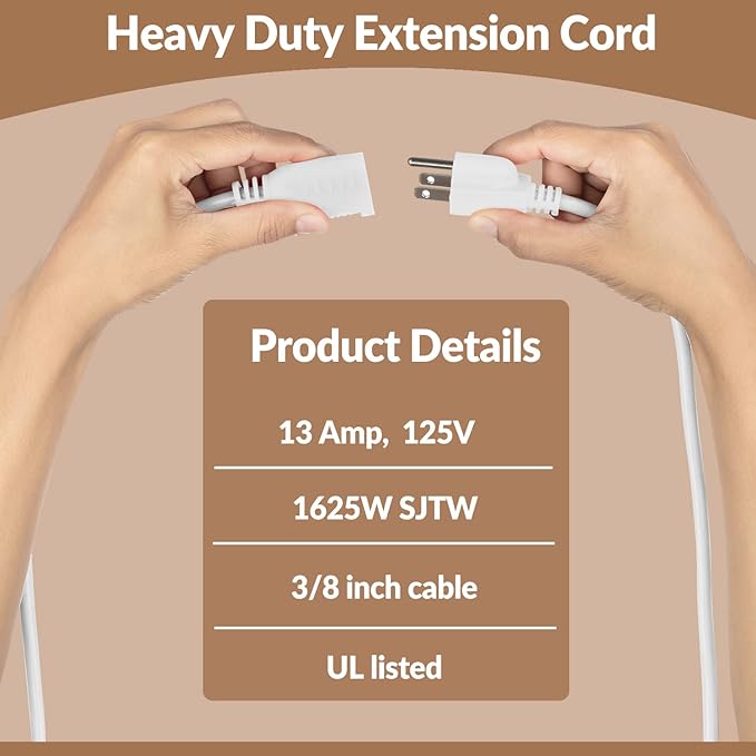 Heavy Duty Extension Cord/Wire Power Cable, Indoor, 16/3, Single Outlet, 6 Feet, UL Listed, White
