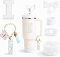6PCS White Stanley Cup Accessories Set Fit for Stanley Cup 30oz 40oz. Including Handle Charm, Personalized Initial Sticker, Straw Topper, Sparkly Silicone Boot, Spill Proof Stopper (Letter-I)