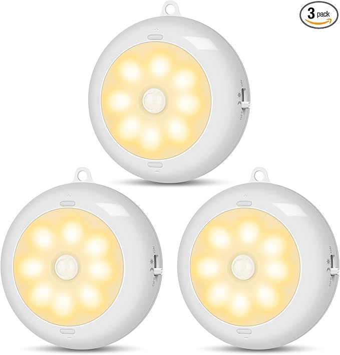 Reoshine Motion Sensor Light Indoor AA Battery Operated, Under Cabinet Lighting, Magnetic Stick on LED Puck Lights for Stair, Wall, Closet, Dimmable, 3000K Warm White (3 Pack)