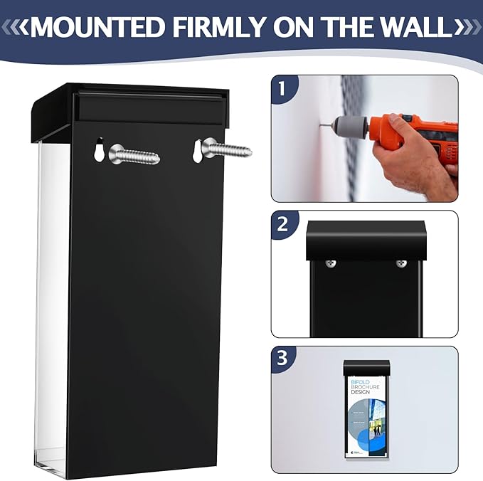 Remerry 1 Pcs Outdoor Brochure Holder 4 x 9 Inch Waterproof Wall Mount Literature Box with Lid Clear Acrylic for Pamphlet Map Menu Display(Black)
