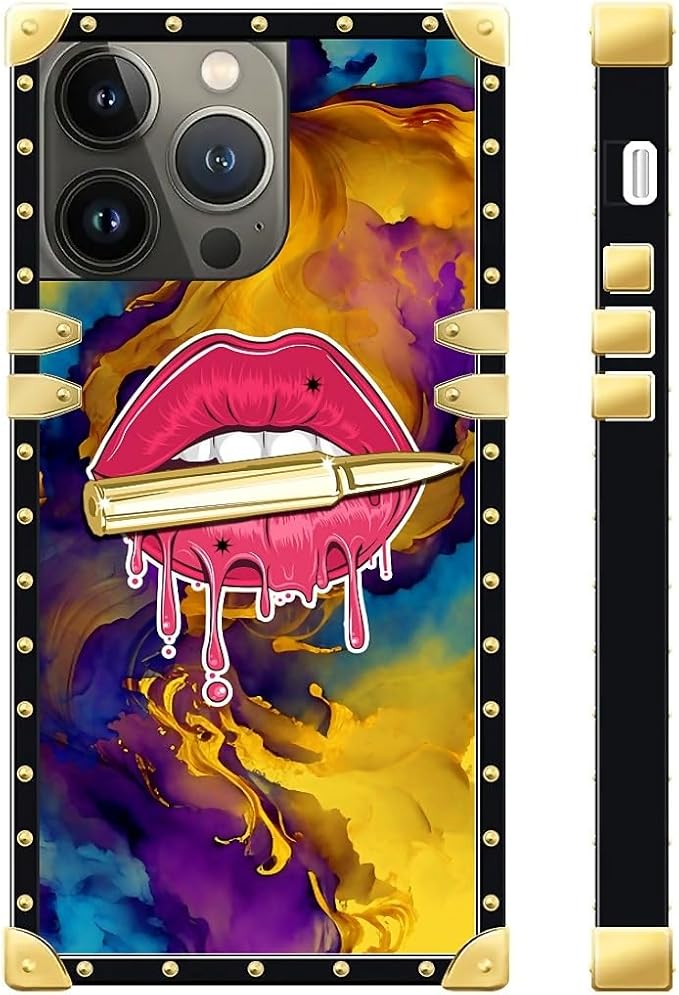 Compatible with iPhone 15 Pro Case, Cool Corlorful Lip Marble Luxury Golden Decoration for Girl Women Soft TPU Shockproof Protective Hard PC Back for iPhone 15 Pro