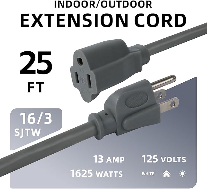 EP 25 Ft Outdoor Extension Cord - 16/3 SJTW Gray Electrical Cable with 3 Prong Grounded Plug