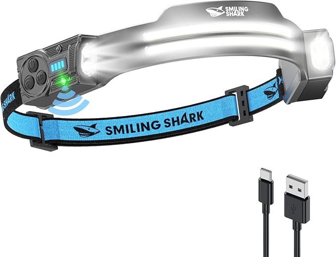 Smiling Shark TS-2 Headlamp, Dual Spotlight with Floodlight & Strobe LED Head Torch Rechargeable 2400mAh Long-Lasting Hands-Free Design for Camping Hiking Running Jogging (1 Pack)
