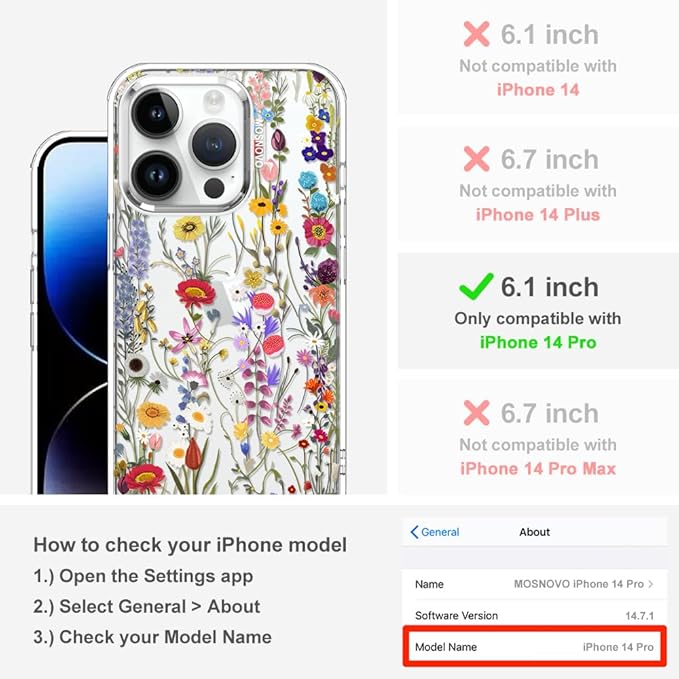 MOSNOVO Case for iPhone 14 Pro, [Buffertech 6.6ft Military-Grade Drop Protection] [Anti Peel Off Tech] Clear TPU Bumper Phone Case Cover Design - Wildflower Meadow