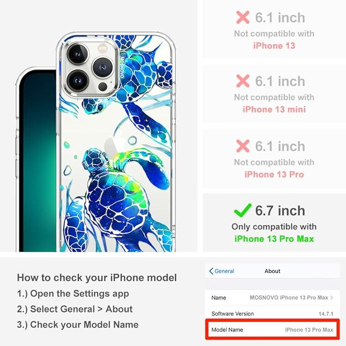MOSNOVO Case for iPhone 13 Pro Max, [Buffertech 6.6ft Military-Grade Drop Protection] [Anti Peel Off Tech] Clear TPU Bumper Phone Case Cover Design - Sea Turtles