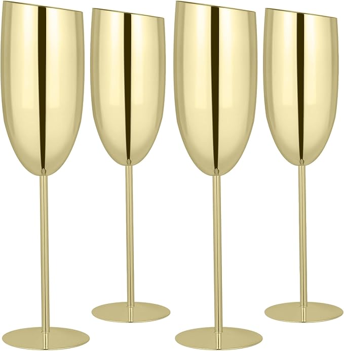 TJ Champagne Glasses Set of 4 Stainless Steel Champagne Flutes 8.5 oz Unbreakable Gold Champagne Glasses Reusable Indoor Outdoor Travel Drinkware for Party Wedding Christmas Anniversary Birthday