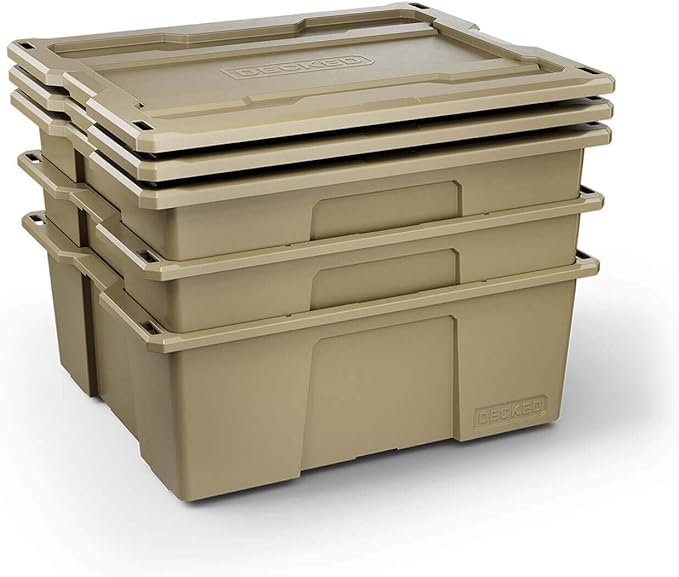 DECKED Payloader 32 L (3-Pack) - 75 lb Bin / 200 lb Lid Load Rated, Heavy-Duty Stackable Storage Bins, Fits Drawer System & Tool Box - Desert Tan