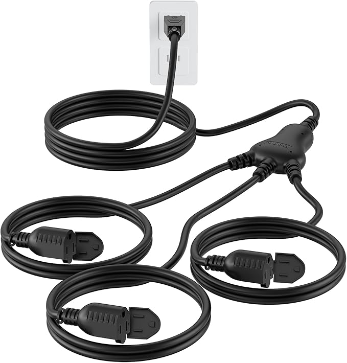 PLUGTUL 27FT Outdoor Extension Cord with Multiple Outlets, 1 to 3 Splitter Max 15FT End to Male Plug (Total 27FT) 16/3 SJTW Waterproof Power Cord for Halloween Christmas, ETL Listed, Black