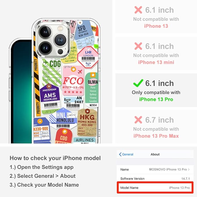 MOSNOVO Case for iPhone 13 Pro, [Buffertech 6.6ft Military-Grade Drop Protection] [Anti Peel Off Tech] Clear TPU Bumper Phone Case Cover Design - Air Ticket Labels