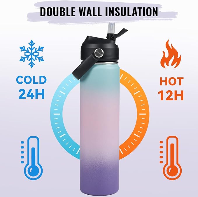 Fijinhom 24oz Insulated Stainless Steel Water Bottle, Wide Mouth Double Wall Vacuum, Silicone Straw, Sweat & Leak Proof, BPA Free Insulated Water Flask for Travel, Keep Cold 24h Hot 12h, Pink