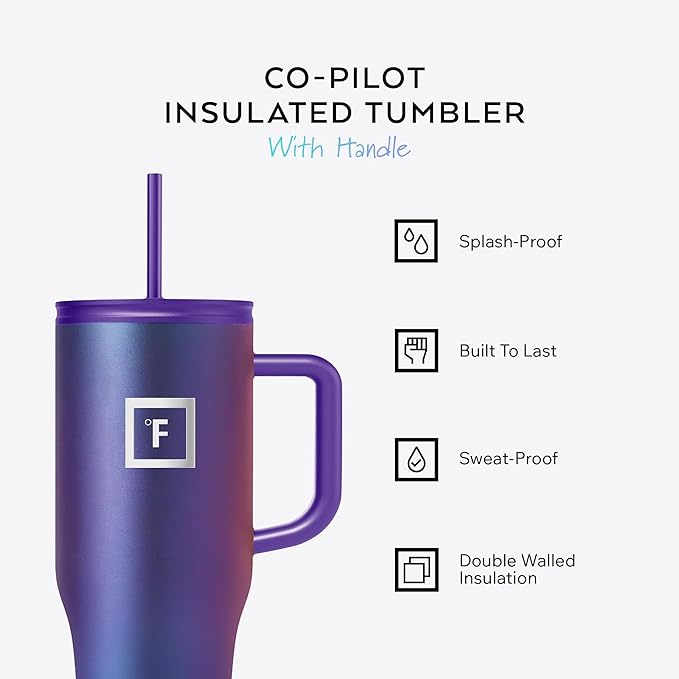 IRON °FLASK Co-Pilot Insulated Mug w/Straw & Flip Cap Lids - Cup Holder Bottle for Hot, Cold Drink - Leak-Proof - Water, Coffee Portable Travel Mug - Aurora, 32 Oz