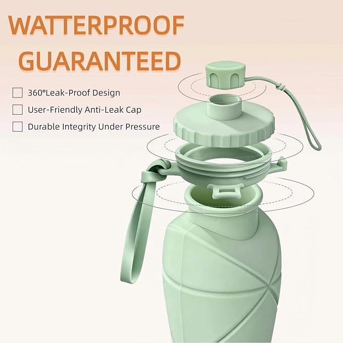 Collapsible Travel Water Bottle 20oz (600ml), BPA-Free, Foldable Silicone Lightweight Reusable Water bottle with Leak-Proof Lid & Lanyard, Portable for Travel Cycling Gym Camping (Green)