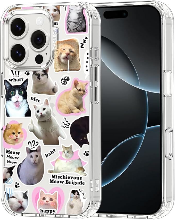 MOSNOVO Case for iPhone 16 Pro, [Buffertech 6.6ft Military-Grade Drop Protection] [Anti Peel Off Tech] Clear TPU Bumper Phone Case Cover Design - The Cat Brigade