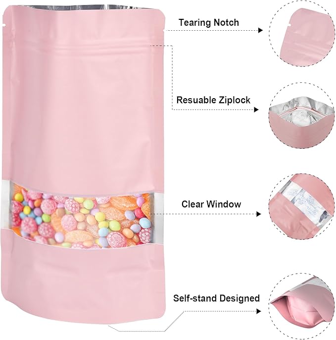 7.1"x10.2" 1 Quart 120pcs Mylar Bags for Food Storage,Smell Proof Bag with Matte Window Resealable Food Storage Bags for Small Business, Stand-up Foil Pouch Packaging Freeze Dried Candy Bag(Pink)