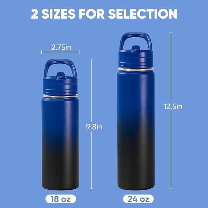 Fijinhom 24oz Insulated Stainless Steel Water Bottle with Straws, Double Wall Vacuum Insulated Bottles, Metal Thermo for Travel, Sports, Leak-Proof, BPA Free, Women & Men, Blue Gradient