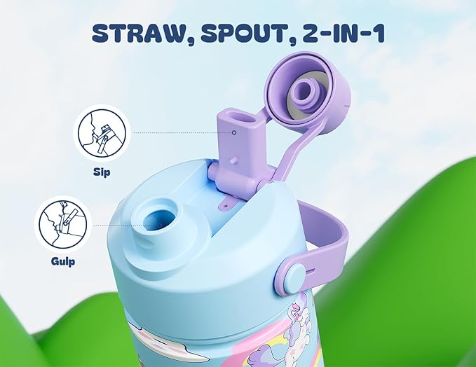 12 oz Kids Stainless Steel Water Bottle: 2-in-1 Straw Spout Lid, Leakproof, BPA-Free, Easy Clean, Keep Cold 24H, Insulated Cup with Carrier Bag for School, Travel, Playtime, Gift (Dreamy Unicorn)
