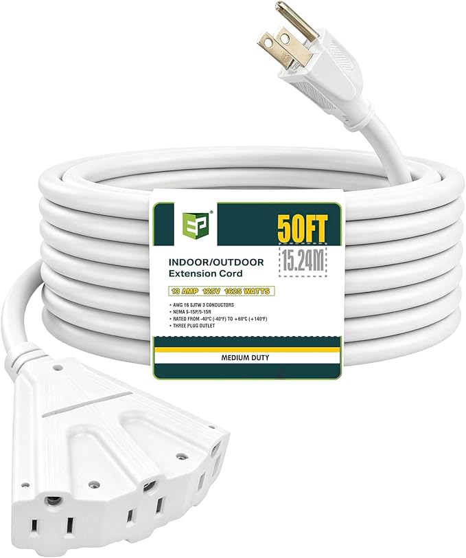 EP 50 Ft Outdoor Extension Cord with 3 Electrical Power Outlets - 16/3 SJTW White Cable with 3 Prong Grounded Plug for Safety Great for Christmas Lights, Garden and Major Appliances