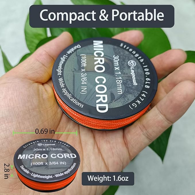 Micro Paracord, 1.18mm x 100ft Thin Mini Utility Braided Small Paracord for Crafting, DIY Project, Camping and More