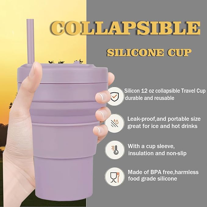 12 Oz Silicone Collapsible Travel Cup,Portable Silicone Water Bottle for Hot and Cold Beverages, Reusable Folding Drinking Cup with Lids 350ml for Camp Hiking Travel with Straw - Purple