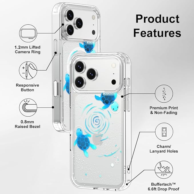 MOSNOVO for iPhone 17 Pro Max Case | Military Grade 6.6ft Drop Tested | Camera Control | Clear with Space Turtle Design