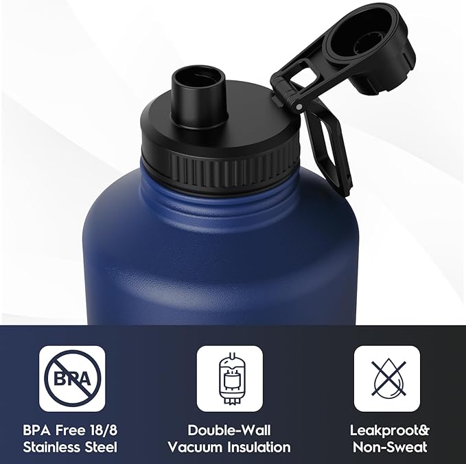Navigate 64 oz Stainless Steel Insulated Water Bottle,Double Walled Leak Proof Keep Cold for 24 Hrs Hot for 12 Hrs,Wide Mouth Water Jug with Spout & Handle Lids,Blue to Black