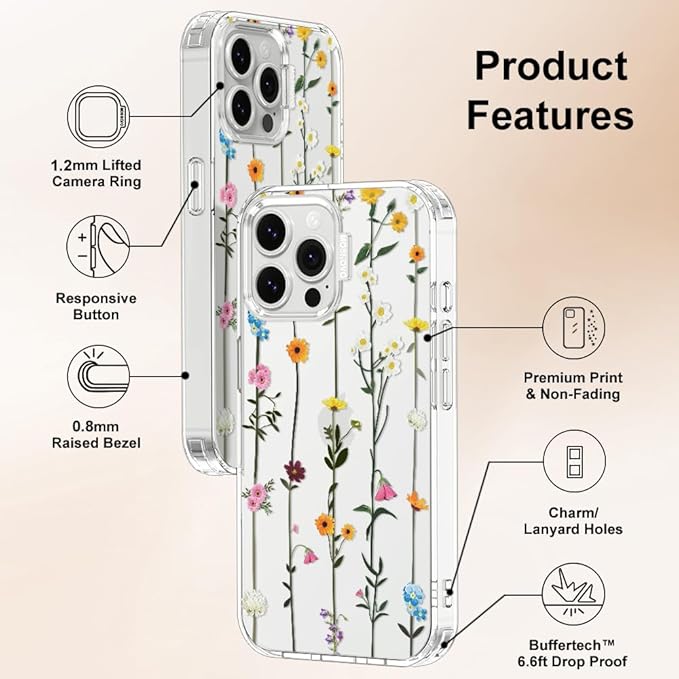 MOSNOVO Case for iPhone 13 Pro Max, [Buffertech 6.6ft Military-Grade Drop Protection] [Anti Peel Off Tech] Clear TPU Bumper Phone Case Cover Design - Wildflowers