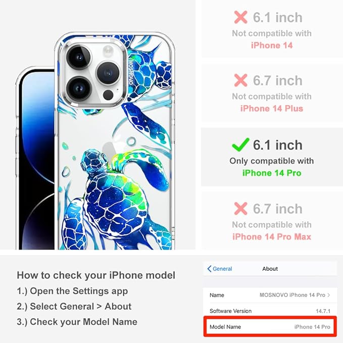 MOSNOVO Case for iPhone 14 Pro, [Buffertech 6.6ft Military-Grade Drop Protection] [Anti Peel Off Tech] Clear TPU Bumper Phone Case Cover Design - Sea Turtles