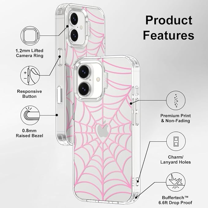 MOSNOVO for iPhone 17 Case, Shockproof Military-Grade Protection 6.6ft Drop Tested, Camera Control, Clear Phone Case for iPhone 17, Pink Spiderweb Design