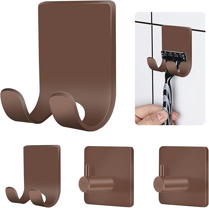 CGBE 4 Pack Shower Hooks - Self Adhesive Shaver Holder Hanger for Bathroom, Damage Free Wall Hooks for Razor, Loofah Sponge - Brown