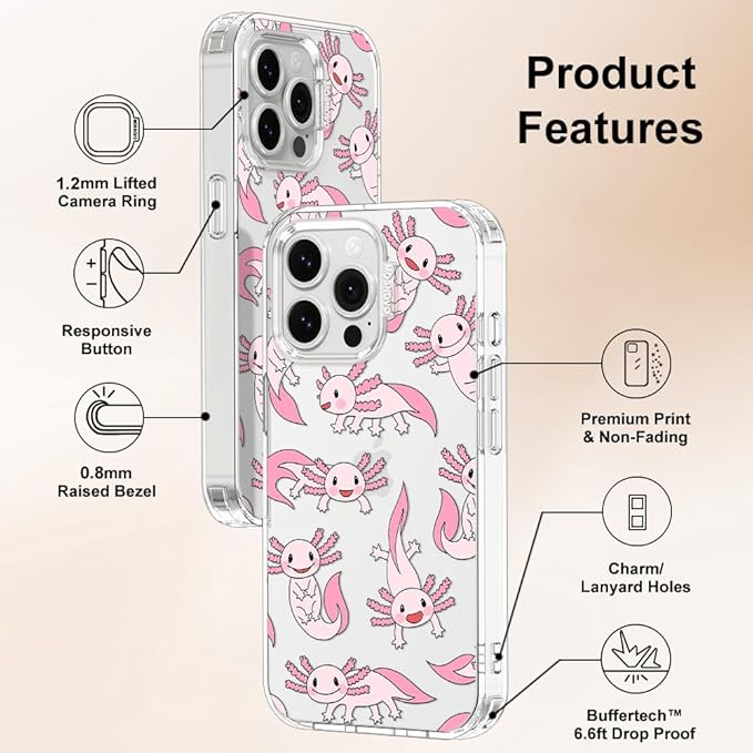 MOSNOVO Case for iPhone 13 Pro, [Buffertech 6.6ft Military-Grade Drop Protection] [Anti Peel Off Tech] Clear TPU Bumper Phone Case Cover Design - Pink Axolotl