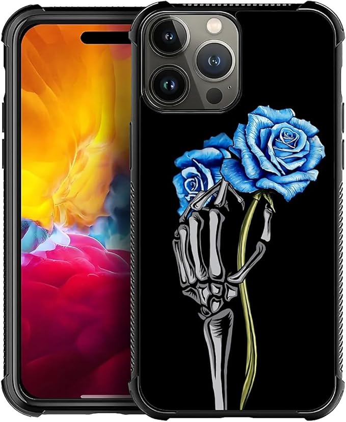 for iPhone 15 Pro Case, Skeleton Holding Blue Rose Pattern Graphic Design Girl Boy Soft Silicone Hard Acrylic Shock Protection for iPhone 15 Pro