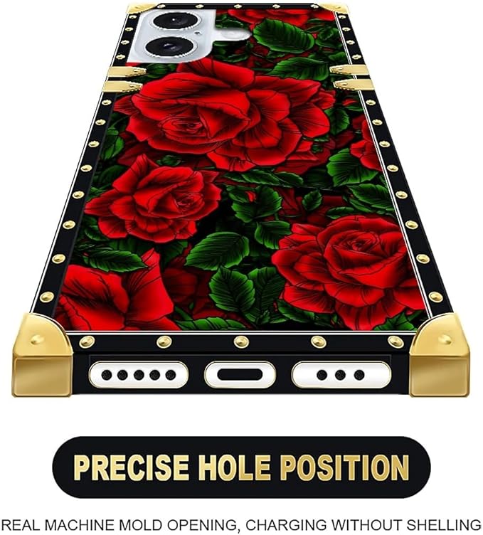 Compatible with iPhone 16 Case, Vector Red Rose Green Leaf Luxury Golden Decoration for Girl Women Soft TPU Shockproof Protective Hard PC Back