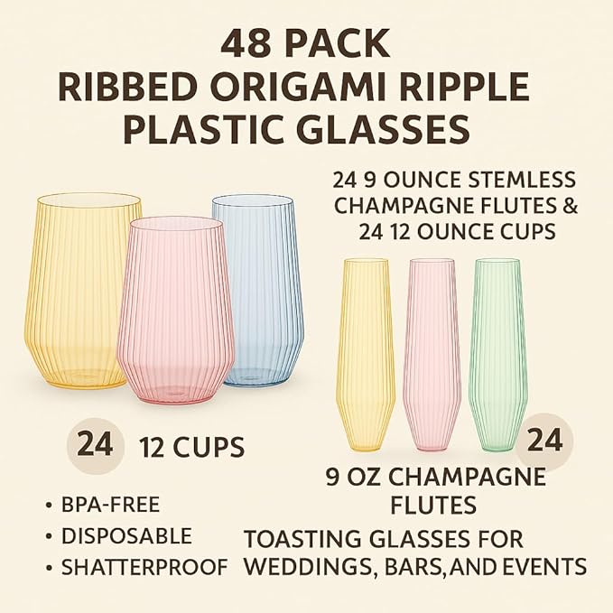 Oojami 48 Pack Ribbed Origami Ripple Plastic Glasses, 24 Stemless 9oz Champagne Flutes & 24 12oz Wine Cups – BPA-Free Disposable Shatterproof Drinkware for Weddings, Parties, Bars & Events (Clear)