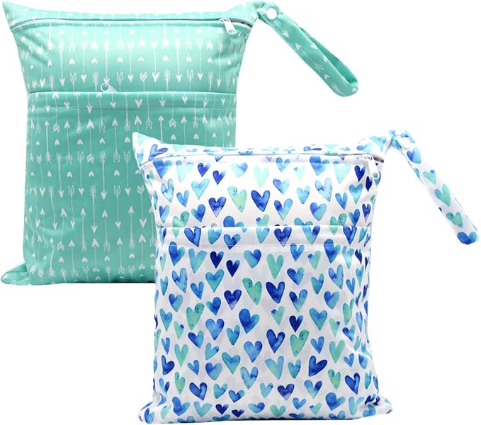 2pcs Cloth Diaper Wet Dry Bags Waterproof Reusable with Two Zippered Pockets Stroller Travel Beach Pool Daycare Soiled Baby Item Yoga Gym Bag for Swimsuits or Wet Clothes-Green Hearts