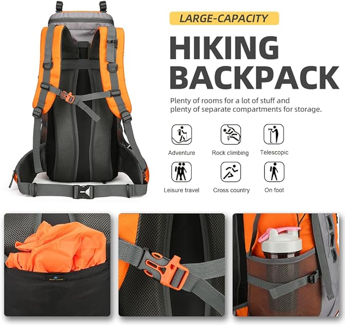 King'sGuard 60L Hiking Backpack for Men and Women Lightweight Camping Hiking Backpack with Rain Cover Large Waterproof Travel Backpack Backpacking Pack (Orange)